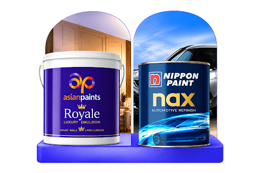 Asian Paints Royale and Nippon Paint Nax Paint Cans on Arched Podium